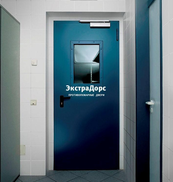 Противопожарная дверь 1 типа синяя c выпадающим порогом с остеклением в Чехове  купить